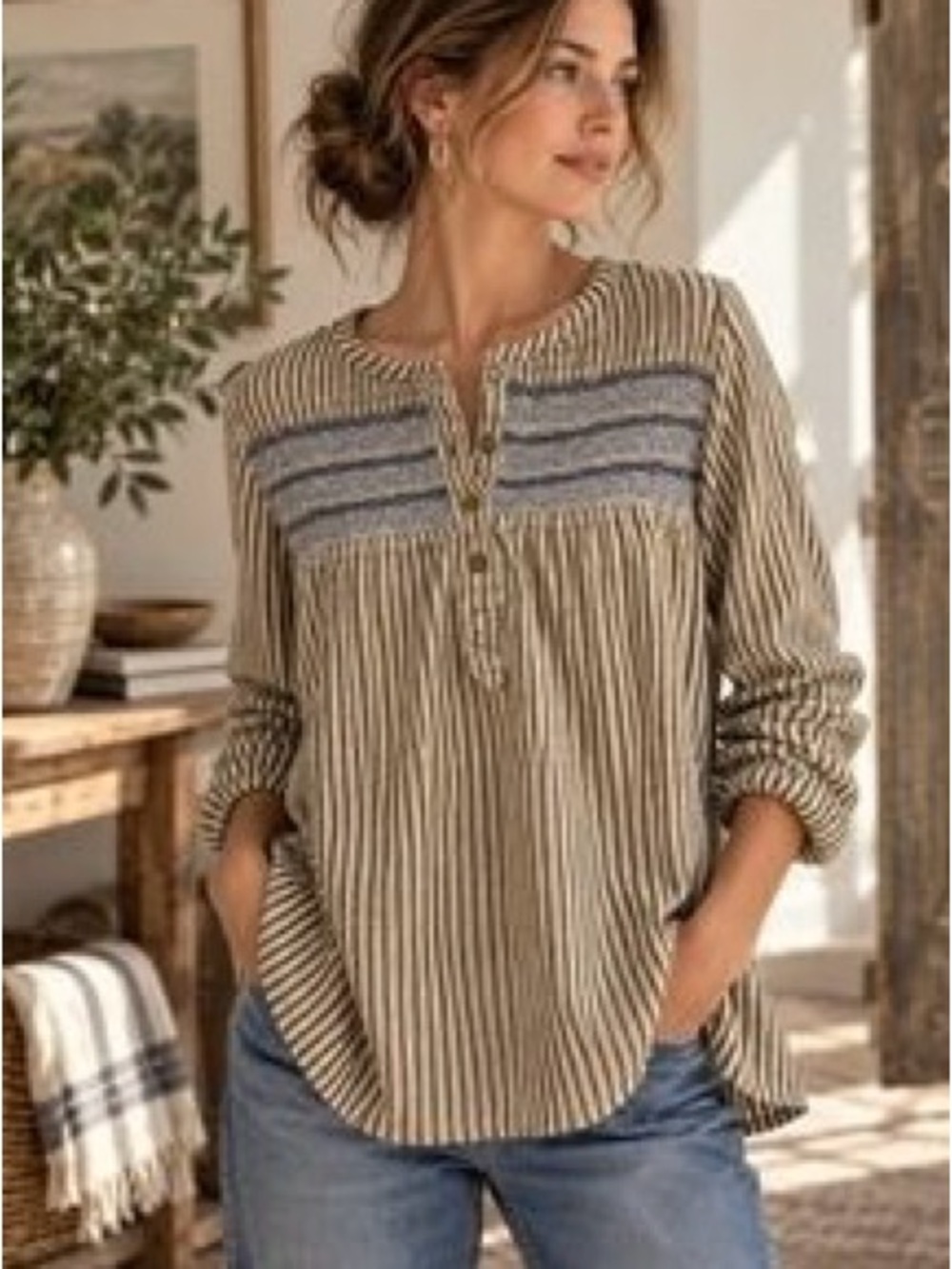 Current Elliott Striped Smocked Yoke Button-Front Women's Top